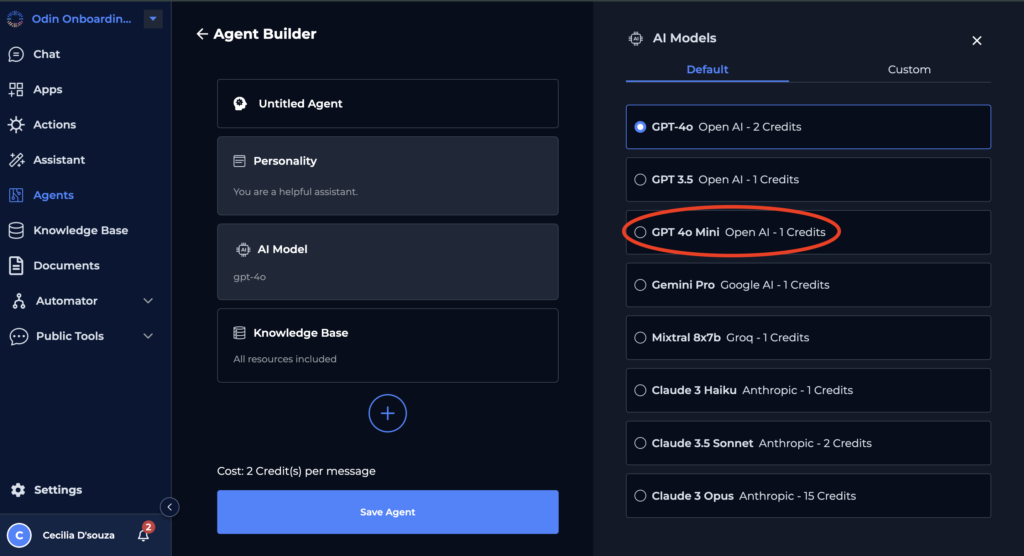 Odin AI Agent Builder interface with GPT-4o Mini selected as the AI model for creating agents.